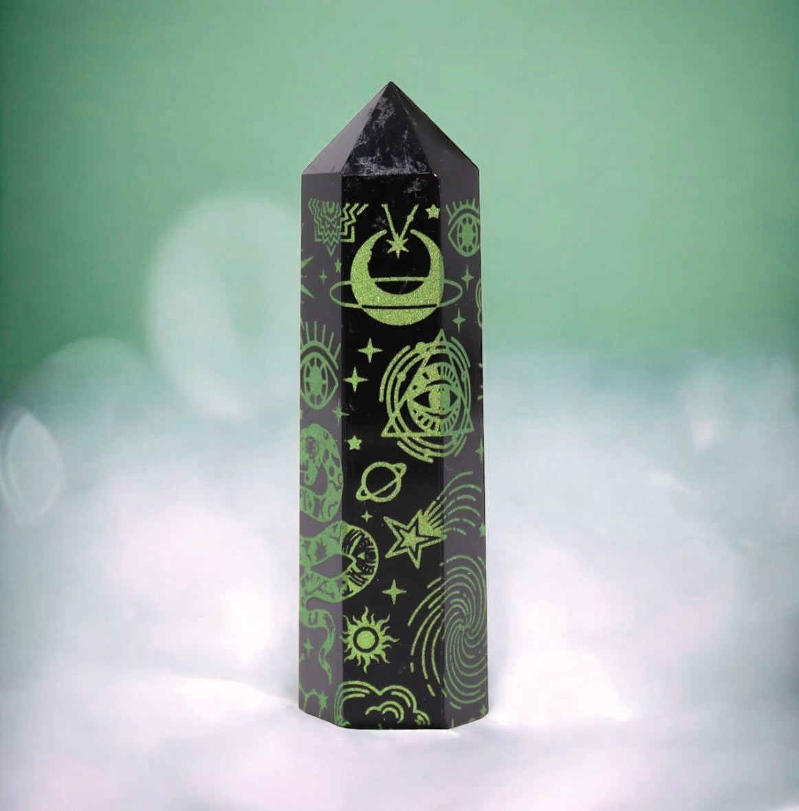 Black Obsidian Point. Celestial Story - Forest Green