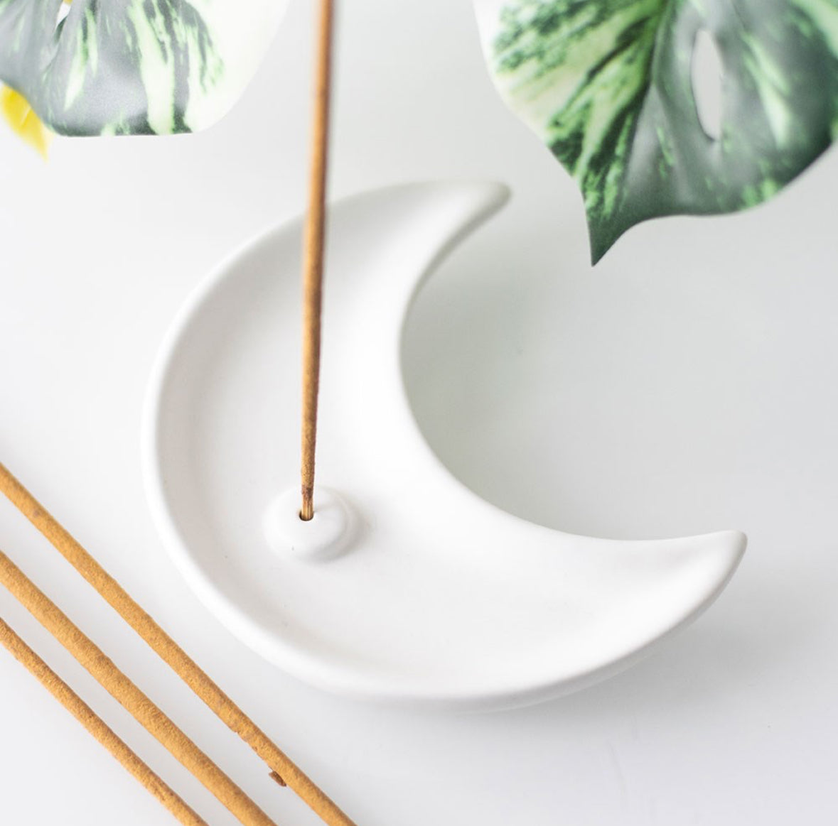 Crescent Moon White Ceramic Incense Holder