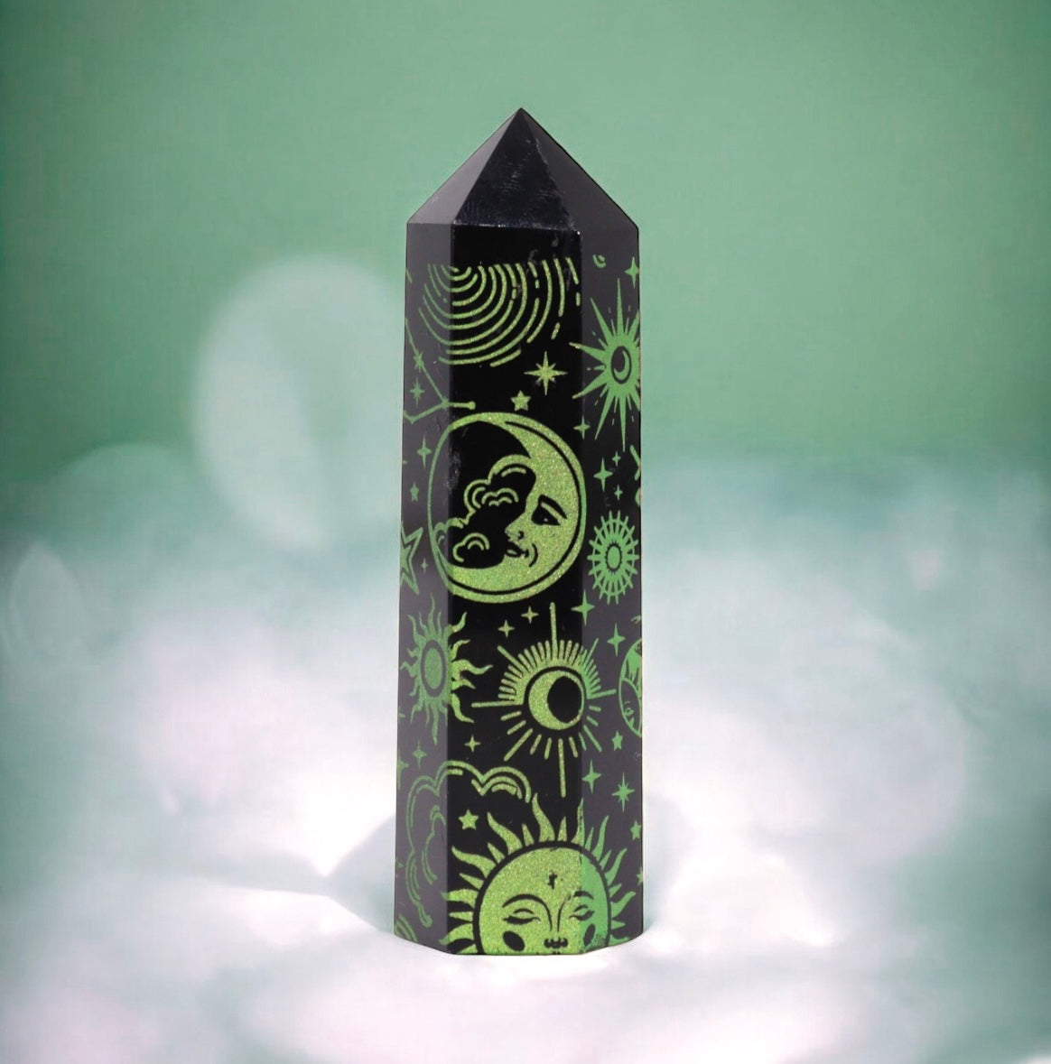 Black Obsidian Point. Celestial Story - Forest Green