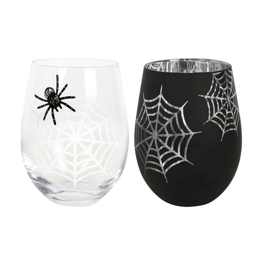Set of 2 spider & web stemless wine glasses